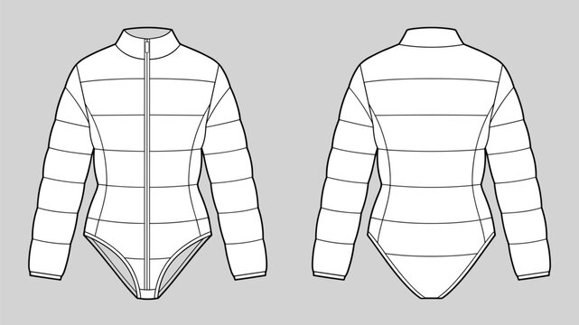 technical drawing fashion of women quilted puffer bodysuit with long sleeve, high neck and zip up front