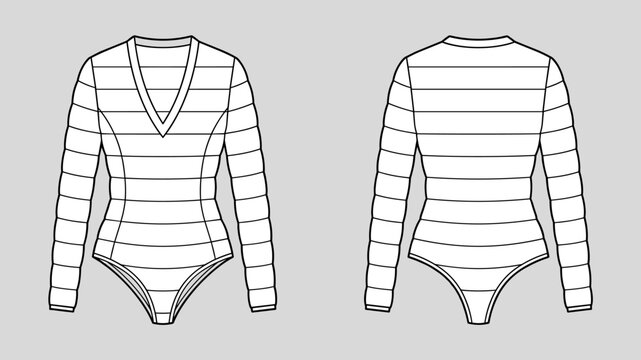 technical drawing fashion of women quilted puffer bodysuit with long sleeve, round neck and V-neck