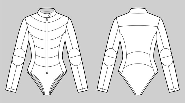 technical drawing fashion of women zip puffer bodysuit with long sleeve, elbow patches and stand collar