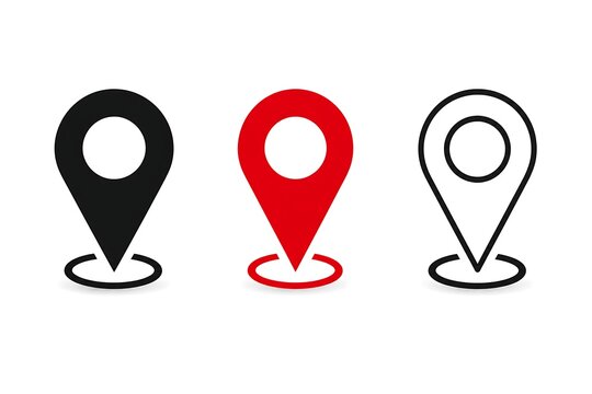 Location marker icons set with drop shadow including solid black red and linear designs for global positioning system maps and navigation apps on white surface.