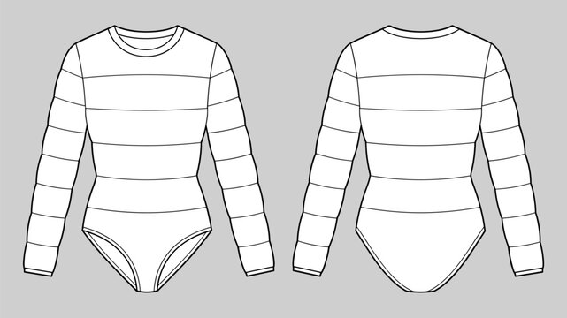 technical drawing fashion of women horizontal puffer bodysuit with long sleeve, round neck and front back view