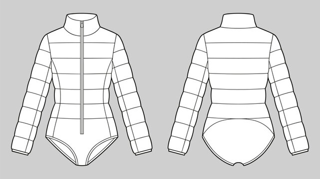 technical drawing fashion of women classic puffer bodysuit with long sleeve, high neck and front zip