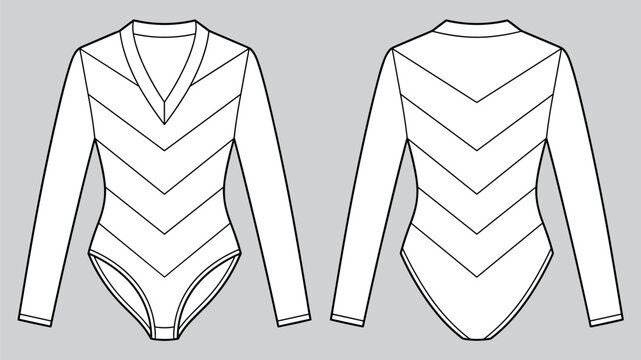 technical drawing fashion of women bodysuit with long sleeve, v-neck and chevron panels