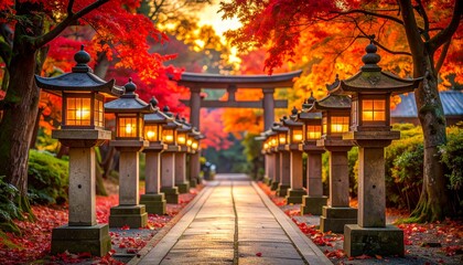 Fototapeta premium 紅葉に包まれた神社の石灯籠が灯る夕暮れの参道