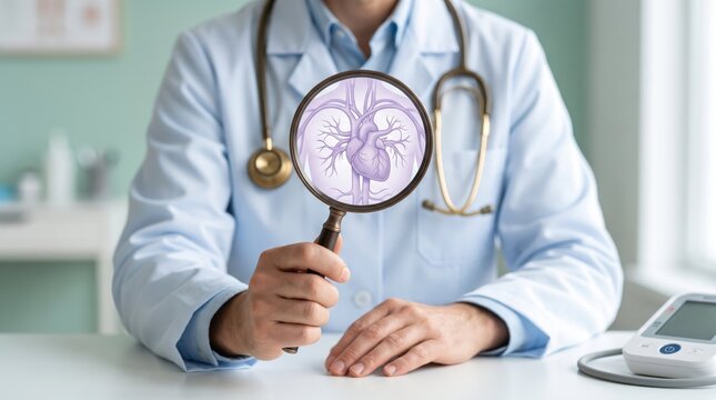 Doctor examining heart diagram with magnifying glass in medical office