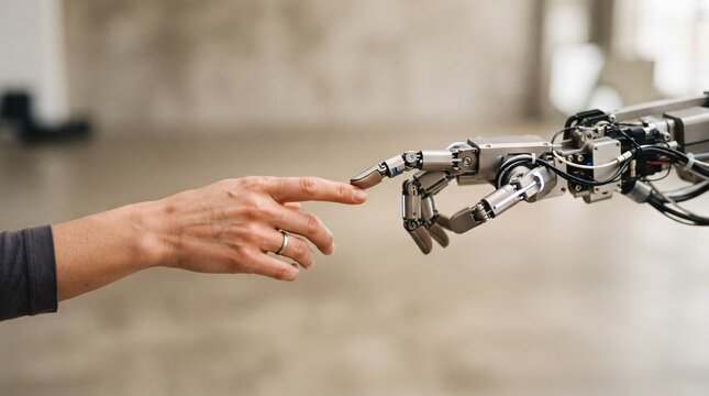 Futuristic robotic hand touching human finger, artificial intelligence concept, metallic cyborg arm and person reaching out