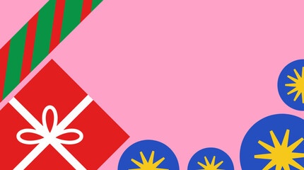 Obraz premium Pink background with festive christmas elements, gift box, striped ribbon