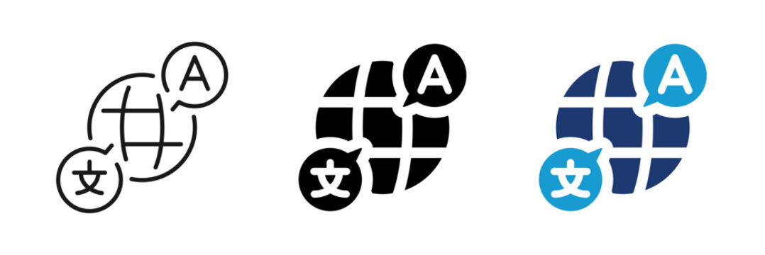 Translation icon set. Language, globe, interpreter, communication. Flat and Line style collection.