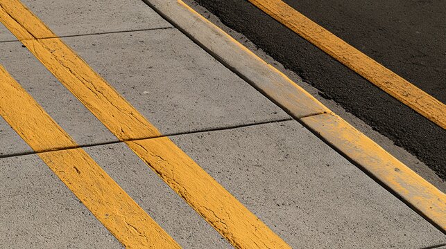 Parallel yellow lines crossing a gray concrete sidewalk, creating a distinct visual pattern for urban road markings