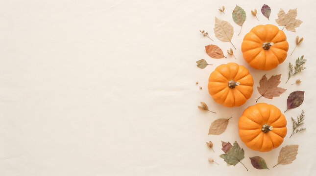 A festive flat lay composition featuring orange pumpkins and autumn leaves on a white background to celebrate happy thanksgiving day holiday