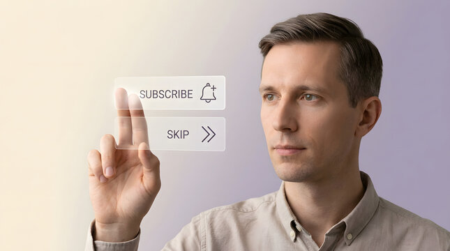Social media subscribe, man and digital interface with skip button for streaming service, marketing and online content. Person, technology and user experience with finger, icon and engagement for ad