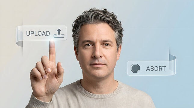 Man, upload and digital button for cloud storage, data transfer and internet technology. Software, interface and abort option with computing, file sharing and network for security or marketing