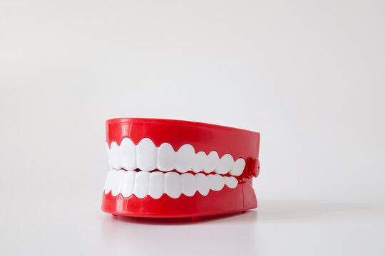 Wind up plastic toy shaped like a pair of jaws with white teeth and red gums on a white background. Playful toy design creates a novelty concept