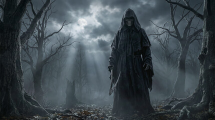 Fototapeta premium Aterradora figura de Grim Reaper con túnica negra y capucha en un bosque nocturno, rodeada de niebla y luz de luna, creando una atmósfera oscura, misteriosa y sobrenatural.