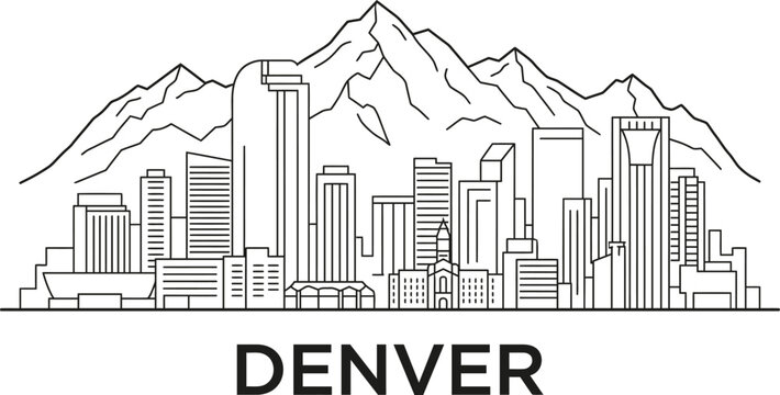 Minimalist line art illustration of denver city skyline with mountains in background
