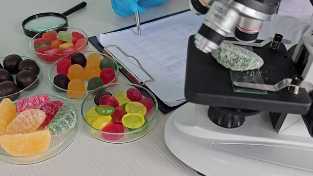 Analysis of various candies under a microscope in a laboratory setting for quality control