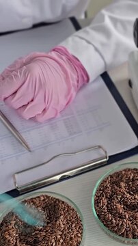 A microscope examines tiny flax seeds on a glass slide in a laboratory. Flax seeds are the subject