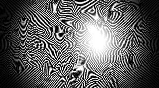 Abstract background featuring a high contrast black and white moire pattern with wavy lines creating an optical illusion effect with a bright central light source