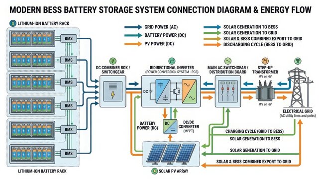 Modern Battery Storage System Connection Diagram with Lithium Ion Battery Racks, BMS, Solar PV, Bidirectional Inverter and Electrical Grid