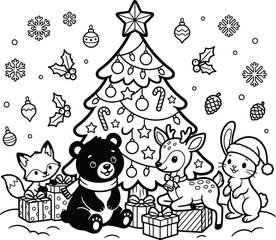 Fototapeta premium Christmas Coloring Page With Cute Animals Snowy Details And Festive Holiday Tree