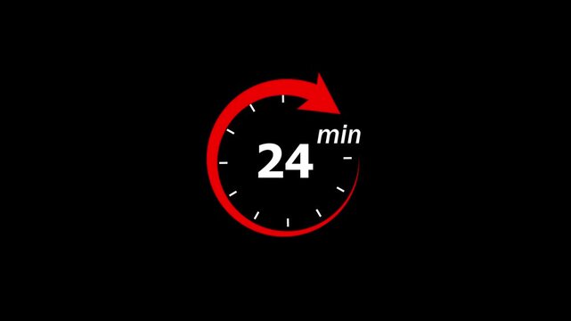 24 minute timer countdown with red rotating arrow on black background, for time management, and business deadlines