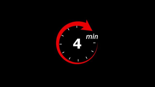 4 minute timer countdown clock animation with red circular progress indicator for presentations, tutorials, and productivity tracking