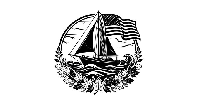 Round vintage nautical badge design showing a sailboat on waves framed by leaves and an American flag