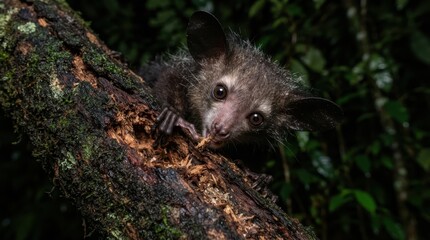 Fototapeta premium Aye-aye Lemur on Tree Branch: A striking aye-aye lemur with its distinctive large ears and wide eyes clings to a moss-covered tree branch in a dark, lush forest.