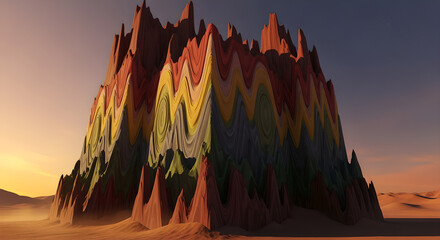 Obraz premium Vibrant Prismatic Mountain Formation with Rainbow Gradient Peaks in Surreal Desert Landscape