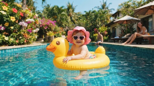 Poolside Bliss with a Cheerful Tot: A happy baby floats on a yellow duck inflatable in a sparkling blue swimming pool.