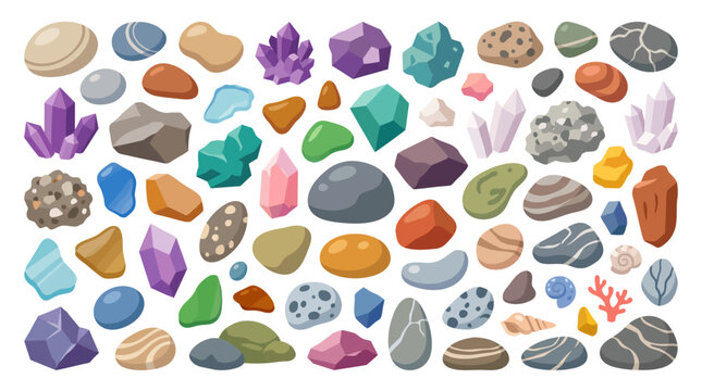 Collection of various colorful stones crystals and pebbles in flat vector style.