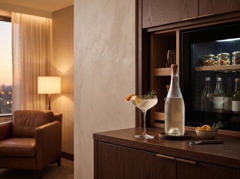 Cocktail and water bottle on wooden minibar in hotel room