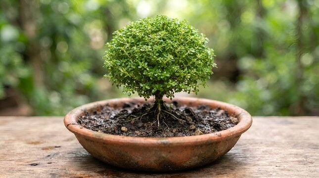 Small round green bonsai tree growing in a clay pot on a wooden table outdoors.