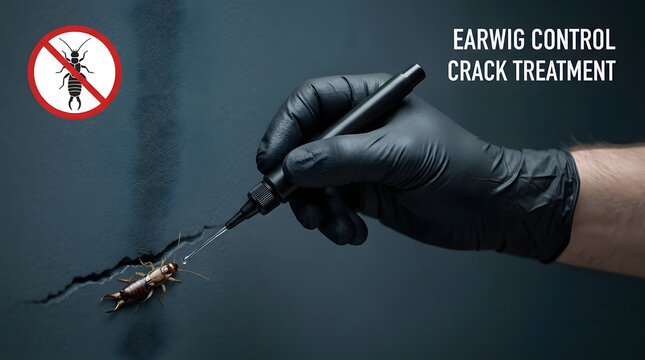 Pest control service, earwig removal and insect extermination at home for health, safety and clean wall. Professional worker, hand and chemical liquid in crack with protection, hygiene and care