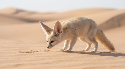 Fototapeta premium Fennec Fox in the Sand Dunes: A fennec fox with its characteristic large ears and sandy fur navigates the arid desert landscape, showcasing its adaptation to extreme environments.