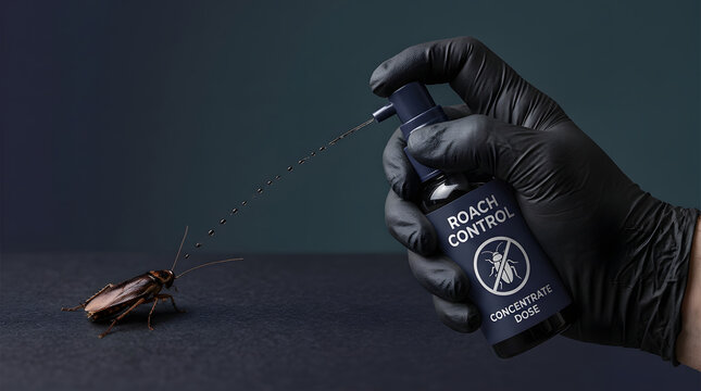 Roach control service, exterminator and pest management with gloved hand, insecticide spray and cockroach on floor. Professional, sanitation and household hygiene with chemical, bug treatment