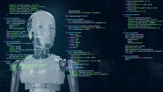 Motion graphic of a futuristic humanoid robot analyzing complex programming code, representing advanced cybersecurity protocols and artificial intelligence in a digital landscape.