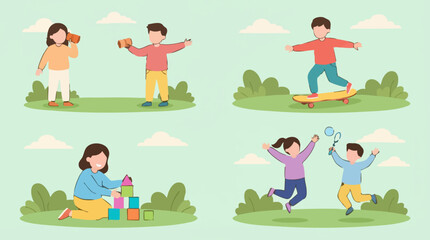 Fototapeta premium Children playing various outdoor games and leisure activities