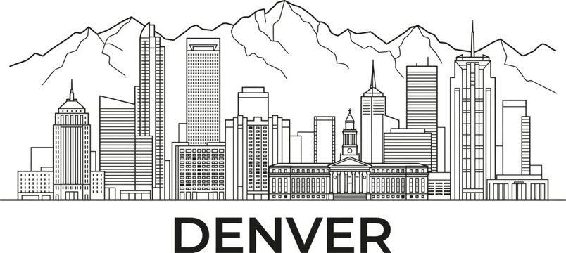 Minimalist line drawing vector illustration of denver city skyline with mountain range