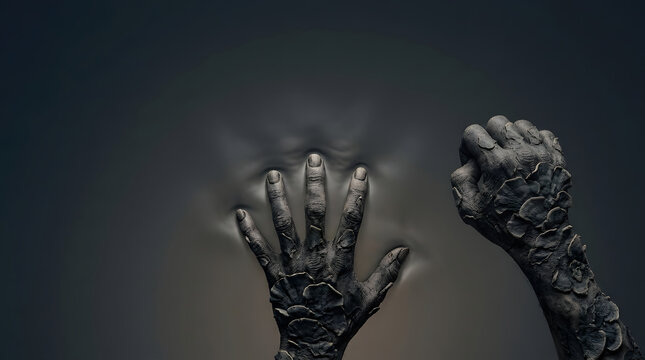 Horror, hand and fist with textured skin in grey water for suspense, mystery and cinematic concept. Stone, arm and fingers with ripples, dark mood and art for tension, surreal, escape, fear and hope
