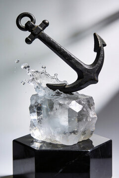 Conceptual cast iron boat anchor dropping splash onto clear quartz crystal on black pedestal.