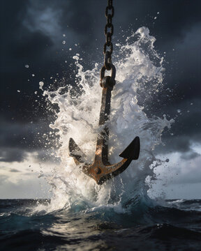 Massive boat anchor dropping splash into dark stormy sea with explosive white foam and heavy chain.
