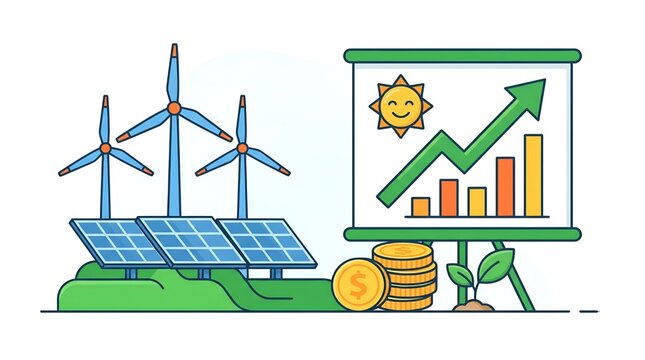 Renewable energy concept with wind turbines solar panels and financial growth chart illustration.