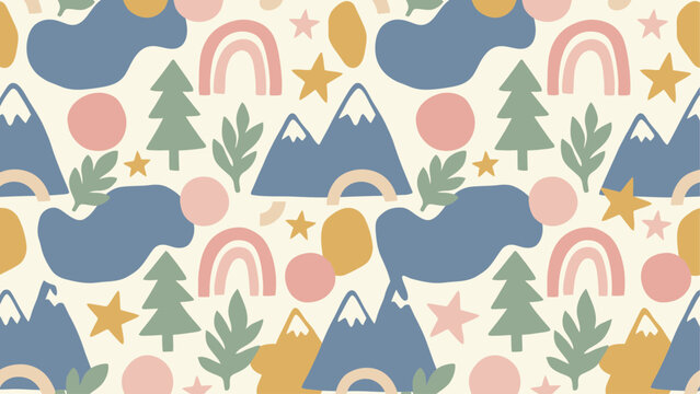 Seamless vector pattern with cute Scandinavian mountains, pine trees, rainbows, and stars on a cream background. Flat vector illustration EPS 10.