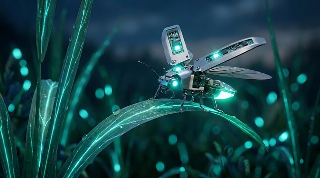 Mechanical firefly glowing on night grass.