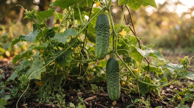 Fresh organic green cucumbers growing on a vine in a vegetable garden during the golden sunset.
