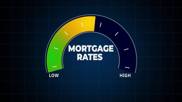Dynamic mortgage rates volatility, digital gauge fluctuating from low to high and back, tracking home loan interest payments, financial instability visualization,