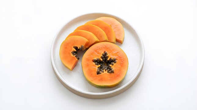Fresh ripe papaya slices arranged on a minimalist white ceramic plate isolated on white background.