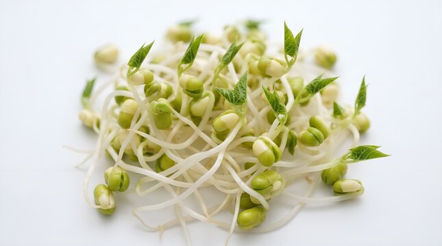 A pile of fresh organic mung bean sprouts isolated on a white background.