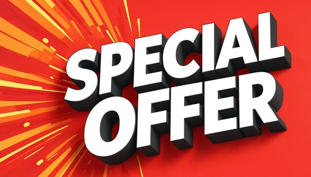 Bold 3D special offer text on red background with dynamic burst graphic 3D text discount sign promotional graphic retail promotion shopping deal sale sign typography design flash sale